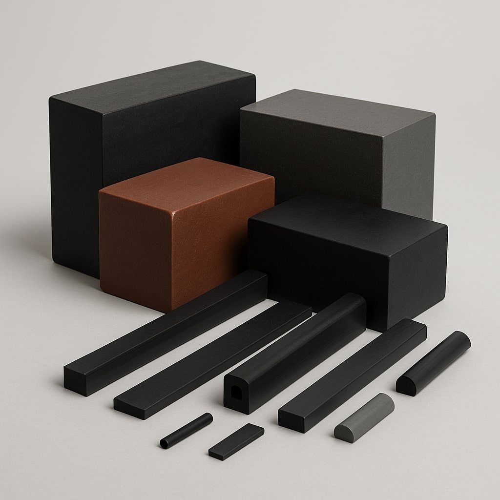 Solid rubber extruded profiles manufactured by Junior Rubber Products for industrial use