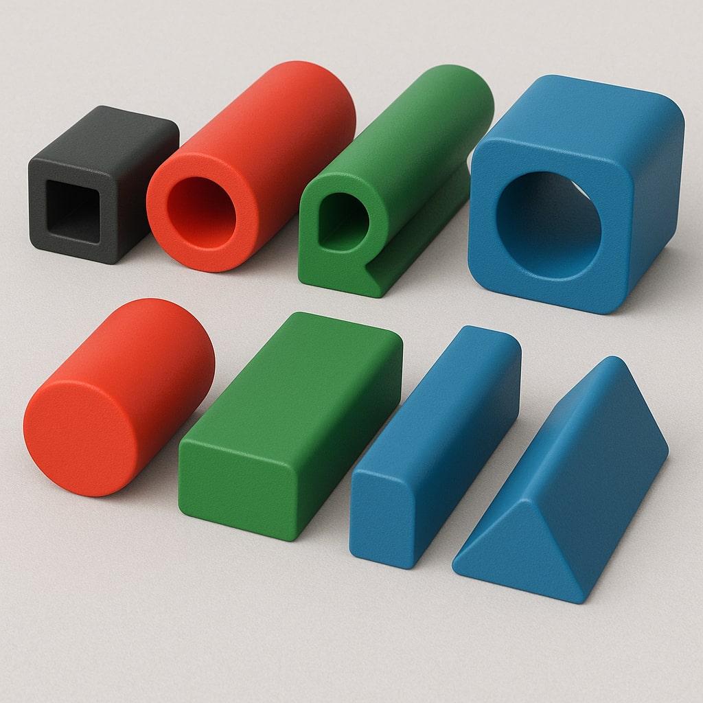 Coloured solid and hollow rubber extruded profiles in various shapes