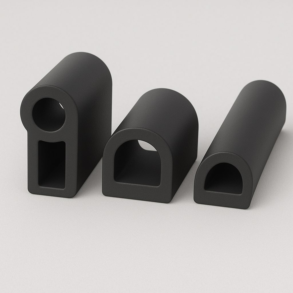 Hollow rubber extruded profiles including P sections, D sections and rubber tubes