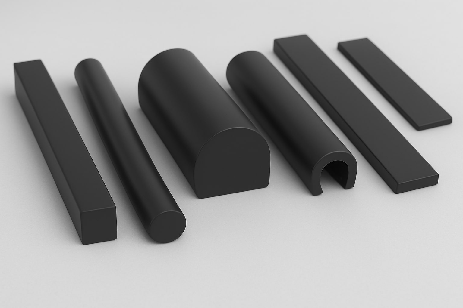 Solid rubber extruded profiles including strips, U channels and custom solid sections